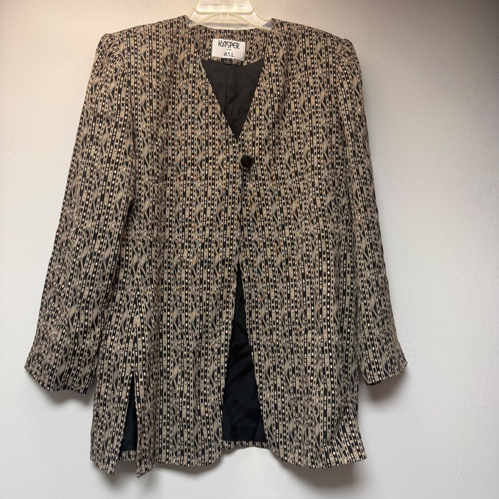 Kasper for ASL Blazer Womens 14 Black Tan Excellent Geometric Jacquard Vintage